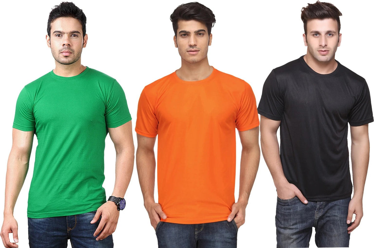 Mens Polyster 170 gsm Pack of 3 tshirts (Black-Light Green-Orange)