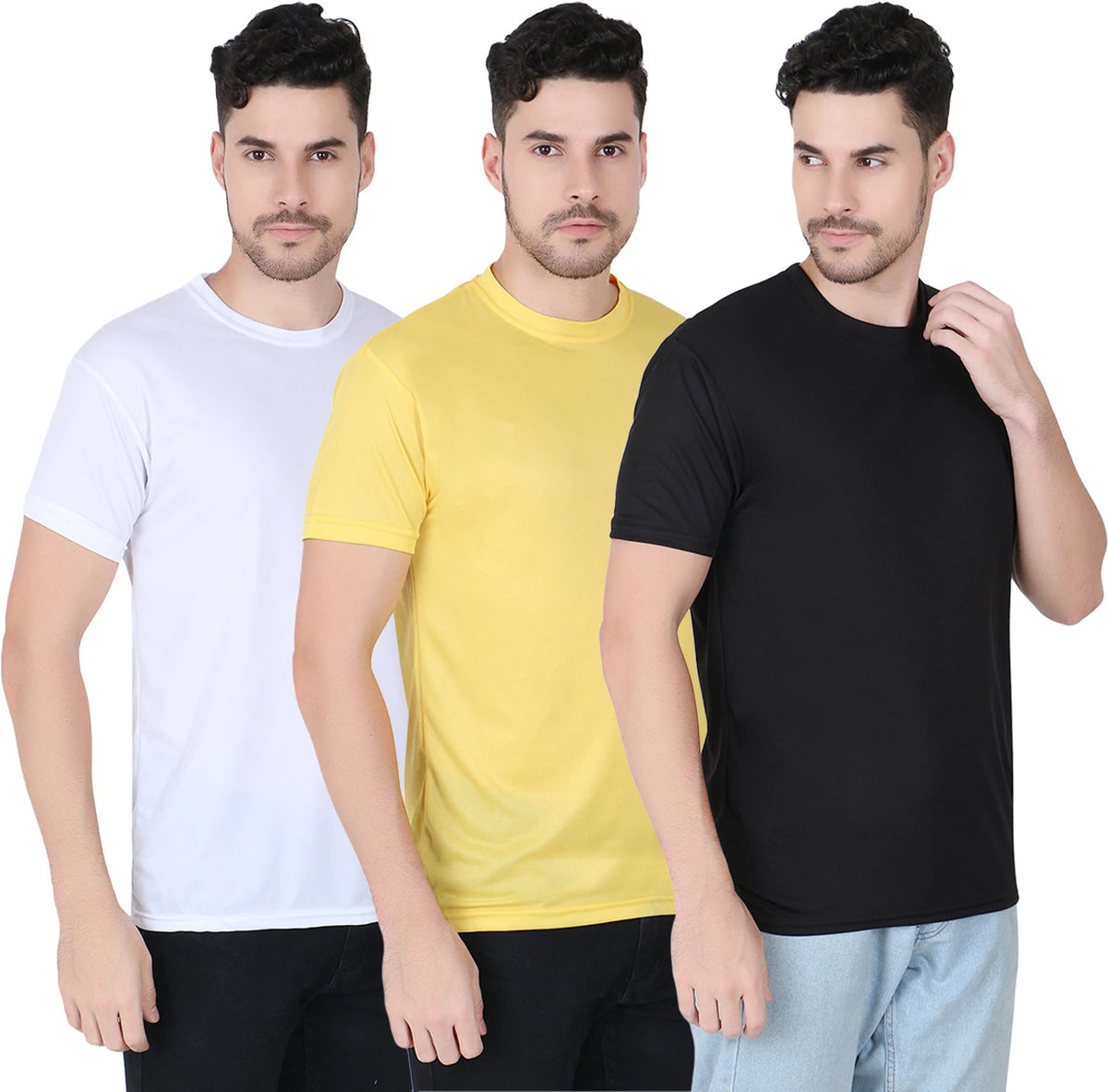Mens Polyster 170 gsm Pack of 3 tshirts (Black-White-Yellow)