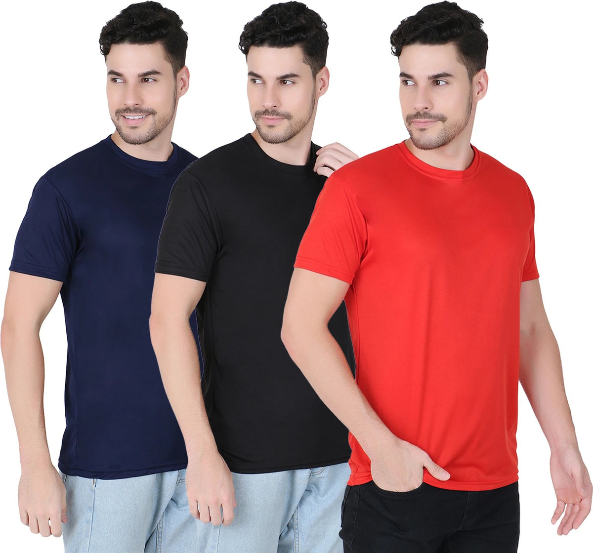 Mens Polyster Causal, Sports tshirt, Light Weight Tshirt (Black-Navy-Red)