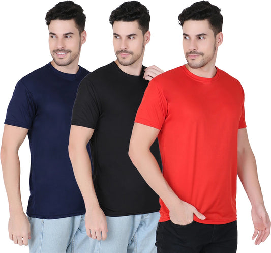 Mens Polyster Causal, Sports tshirt, Light Weight Tshirt (Black-Navy-Red)