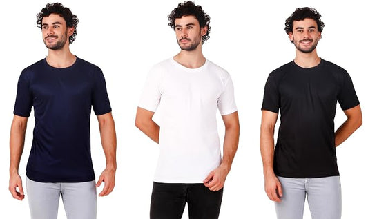 Mens Polyster 170 gsm Pack of 3 tshirts (Black-Navy-White)